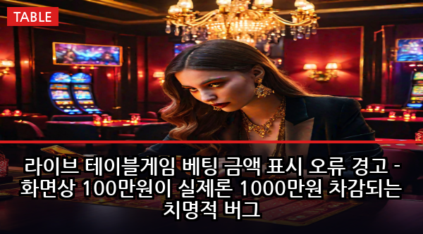 라이브 테이블게임 베팅 금액 표시 오류 경고 - 화면상 100만원이 실제론 1000만원 차감되는 치명적 버그