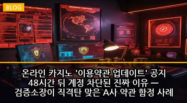 온라인 카지노 '이용약관 업데이트' 공지 48시간 뒤 계정 차단된 진짜 이유 — 검증소장이 직격탄 맞은 A사 약관 함정 사례